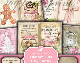 Puede incluir: Un collage de páginas de diario navideñas de estilo vintage en tonos rosa y crema. El diseño incluye hombres de jengibre, chocolate caliente, bastones de caramelo y una etiqueta rosa que dice "Yummy Pink Christmas Journal Kit Printable."