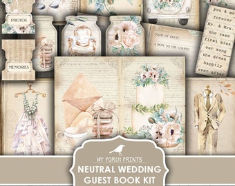 Junk Journal, Neutral, Wedding, Guest Book, Kit, Shabby, Boho, Vintage, Memory, Photo, Gift, My Porch Prints, Digital Download, Printable