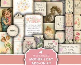 Peut inclure: Un kit d'ajout pour la fête des mères imprimable avec un thème rose et blanc. Le kit comprend diverses images et éléments de texte, tels que "Mon cœur", "Maman", "Mère", "Merci d'être toujours là", "Joyeuse fête des mères" et "Peu importe l'âge, j'aurai toujours besoin de toi, Maman."