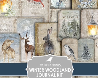 Puede incluir: Un kit de diario de invierno de bosque imprimible con una variedad de imágenes, que incluyen un cardenal, un ciervo, un conejo, un pájaro y un copo de nieve. Las imágenes son de estilo vintage y tienen un fondo nevado.