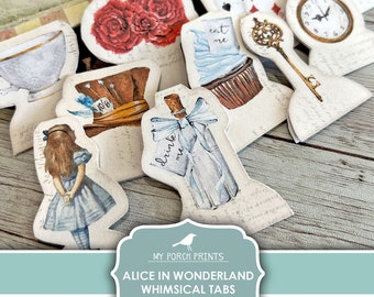 Alice in Wonderland, Tabs, Fussy Cut, Junk Journal, Whimsical, Tea Party, Cricut, Printable, My Porch Prints, Stickers, Digital Download