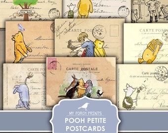 May include: Printable Winnie the Pooh themed postcards featuring vintage-style illustrations of Pooh Bear, Piglet, Eeyore, and Tigger. The postcards have a distressed, aged look with French text and stamps.