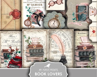 May include: Printable journal kit with a vintage book lover theme. The kit includes images of books, typewriters, teacups, and antique keys. The text "Book Lovers Journal Kit" is printed on a gray banner.