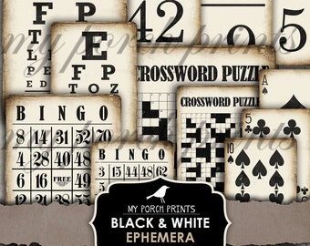 Junk Journal, Ephemera, Black, White, Crossword, Puzzle, Bingo, Neutral, Flash Cards, Playing Cards, My Porch Prints, Download, Printable