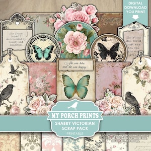 Pack de scrap victorien minable, roses, bleu sarcelle, éphémère, journal indésirable, kit, rose, papiers, vintage, mes impressions de porche, imprimable, téléchargement numérique