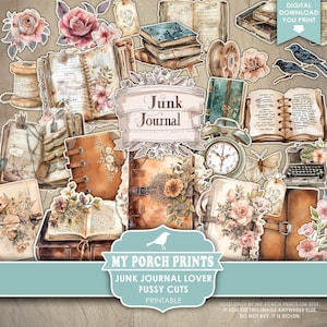 Junk Journal Lover Fussy Cuts, Books, Home Office, Happy Mail, Cricut, Planner, BuJo, Stickers, Printable, My Porch Prints, Digital Download