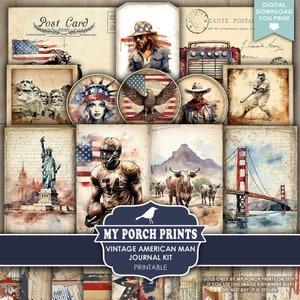 Kit di diario spazzatura americano vintage, maschile, patriottico, Grunge, uomini, festa del papà, Stati Uniti, stampe del mio portico, stampabile, download digitale