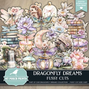 Dragonfly Dreams FUSSY CUTS, Junk Journal, Forest, Fantasy, Enchanted, Water Lilies, Magic, My Porch Prints Printable, Digital Download