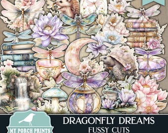 Dragonfly Dreams FUSSY CUTS, Junk Journal, Forest, Fantasy, Enchanted, Water Lilies, Magic, My Porch Prints Printable, Digital Download