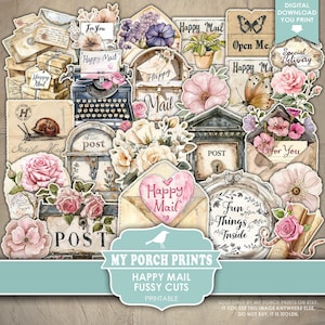 Happy Mail FUSSY CUTS, Junk Journal, Cricut, Stickers, Gift, Mailbox, Snail Mail, Letter, Post, My Porch Prints, Printable, Digital Download