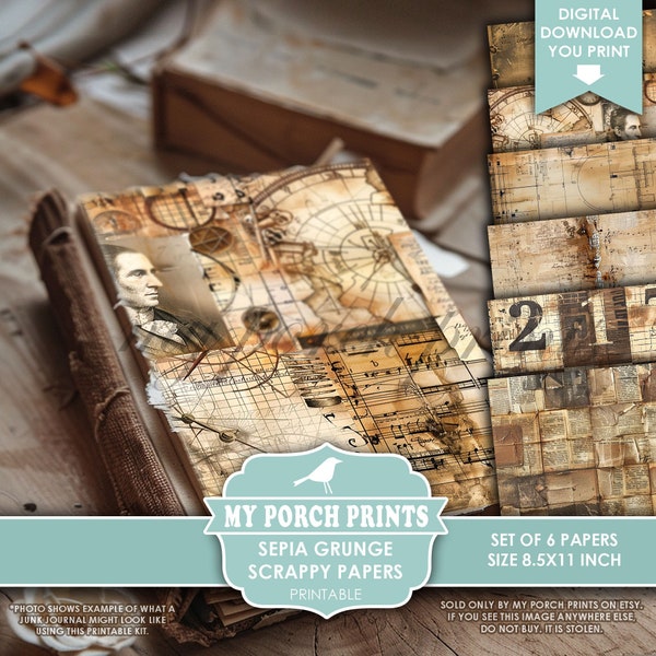 Sepia Grunge Scrappy Papers, Junk Journal, Pages, Masculine, Vintage, Backing, Neutral, Craft, My Porch Prints, Printable, Digital Download