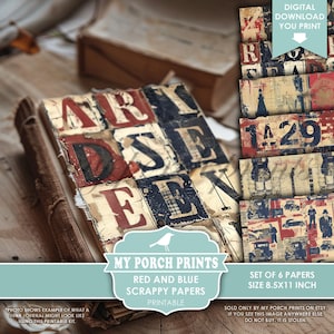 Red And Blue Scrappy Papers, Junk Journal, British, 4th of July, Men, Vintage, Backing, London, My Porch Prints, Printable, Digital Download