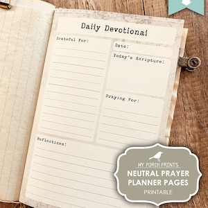 May include: A printable daily devotional planner page with sections for gratitude, scripture, prayer requests, and reflections. The page has a vintage aesthetic with a light brown background and a map pattern.