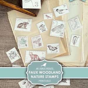Bos, natuur, postzegels, namaak, junk journal, stickers, kieskeurig knippen, dieren, bos, botanisch, mijn veranda prints, afdrukbaar, digitale download