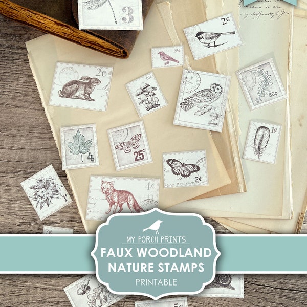 Woodland, Nature, Stamps, Faux, Junk Journal, Stickers, Fussy Cut, Animals, Forest, Botanical, My Porch Prints, Printable, Digital Download