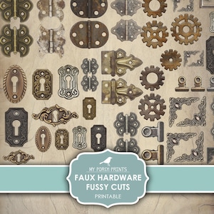 Faux Hardware Fussy Cuts, Junk Journal, Corners, Gears, Steampunk, Hinges, Stickers, Grunge, My Porch Prints, Printable Digital Download