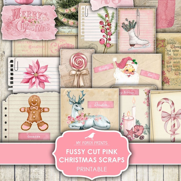 Fussy Cut, Pink, Christmas Scraps, Junk Journal, Tag, December Daily, Sticker, To From, Card, Printable, My Porch Prints, Digital Download