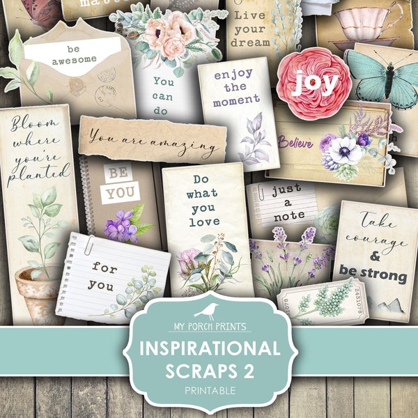 Words, Inspirational, Scraps 2, Junk Journal, Stickers, Fussy Cut, Encouraging, Sentiments, My Porch Prints, Printable, Digital Download