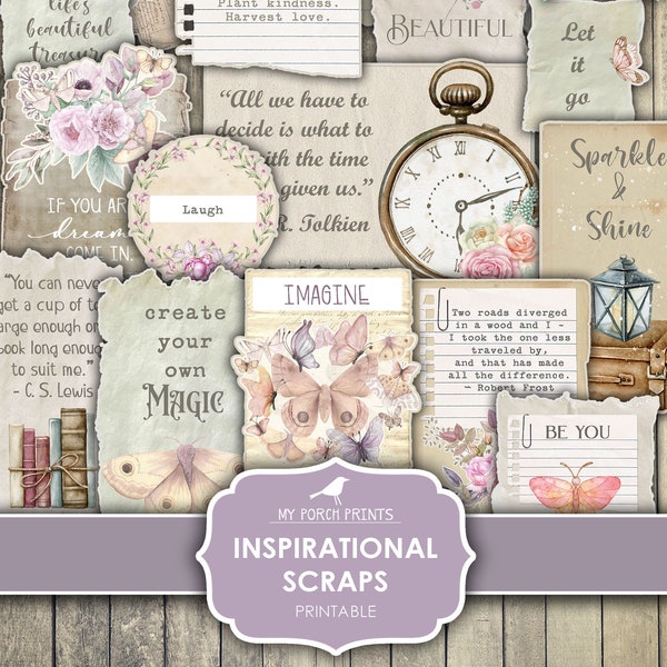 Inspirational Scraps, Junk Journal, Journal Words, Stickers, Flowers, Paper, Quotes, Fussy Cut, My Porch Prints, Printable, Digital Download