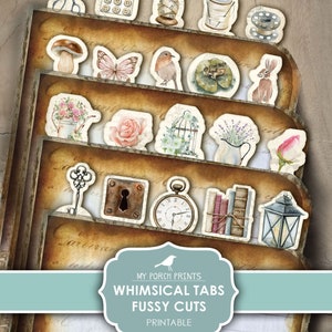 Junk Journal, Fussy Cut, Whimsical, Tabs, Woodland, Sewing, Vintage Objects, Cricut, Printable, My Porch Prints, Stickers, Digital Download