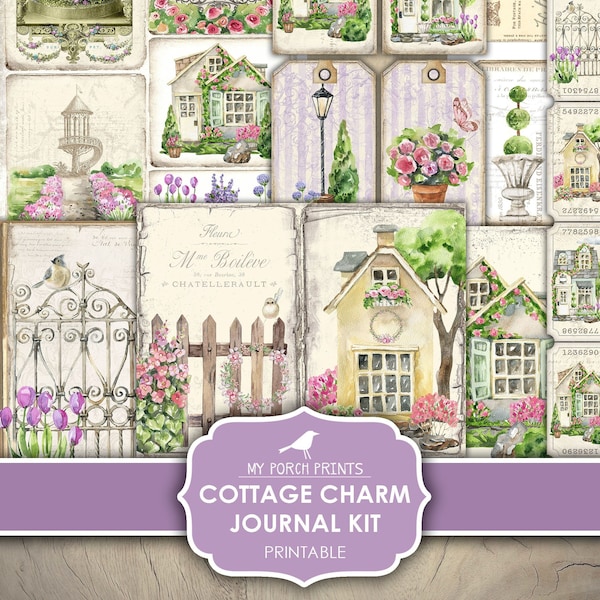 Junk Journal, Kit, Cottage, Charm, Garden, Purple, Flowers, Village, Houses, Mother's Day, My Porch Prints, Digital Download, Printable