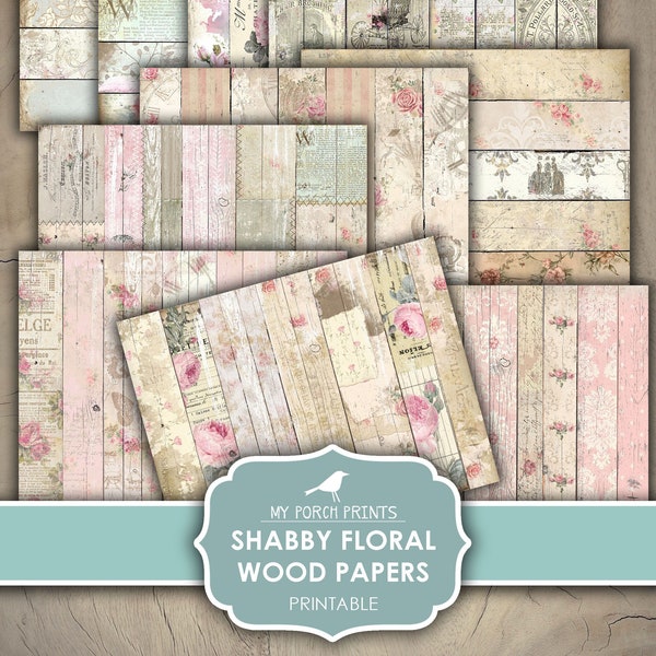 Junk Journal, Papers, Shabby, Wood, Floral, Rose, Pink, Vintage, Wedding, Scrapbook, Blue, Printable, My Porch Prints, Digital Download