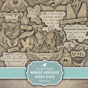 Wings Vintage Fussy Cuts, Junk Journal, Birds, Flying, Quotes, Butterflies, Stickers, Labels, My Porch Prints, Printable Digital Download