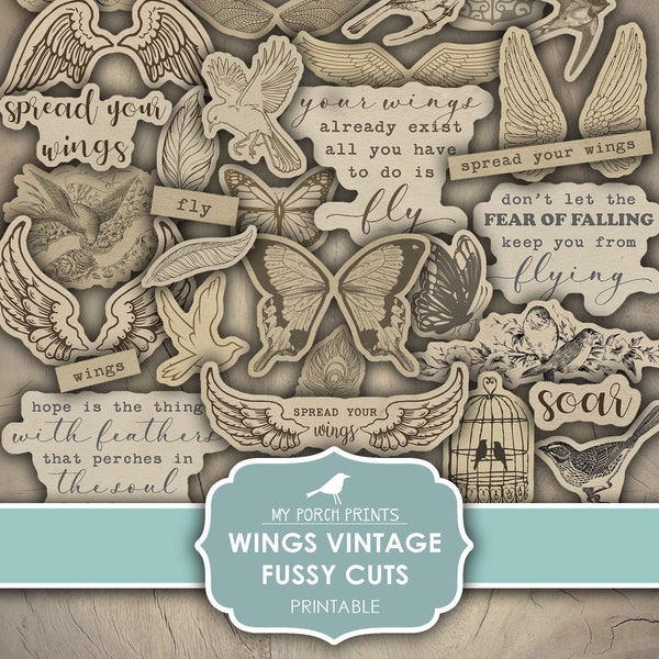 Wings Vintage Fussy Cuts, Junk Journal, Birds, Flying, Quotes, Butterflies, Stickers, Labels, My Porch Prints, Printable Digital Download