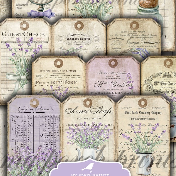 Lavender Ledger Tags, Junk Journal, Ephemera, My Porch Prints, Purple, Guest Check, Printable, Paper, Kit, Digital, Vintage, Download
