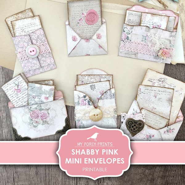 Junk Journal, Shabby, Pink, Mini, Envelopes, Letters, Embellishments, Fussy Cuts, Kit, Papers, My Porch Prints, Printable, Digital Download