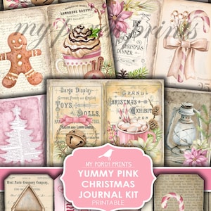 Kerstmis, Junk Journal, Kit, Lekker, Roze, Shabby, Suiker, Afdrukbaar, My Porch Prints, Koekje, Digitaal, Dagelijks december, Cadeau, Tags, Download