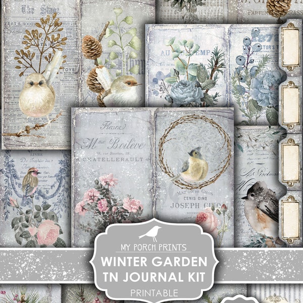 Junk Journal, Winter Garden, Travelers Notebook, Bird, Flower, Christmas, December Daily, Kit, My Porch Prints, Digital, Download, Printable