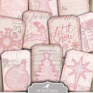 Christmas, Tags, Shabby, Pink, Shape, Junk Journal, December Daily, Gift, Cookie, Advent, My Porch Prints, Sugar, To From, Digital, Download
