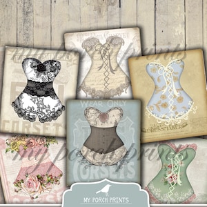 Puede incluir: Cartas de corsé vintage imprimibles con una variedad de diseños, que incluyen blanco y negro, azul y blanco, y verde y blanco. Las tarjetas presentan una variedad de patrones florales y detalles de encaje. El texto en las tarjetas dice "Usar solo corsés" y "Sastre".