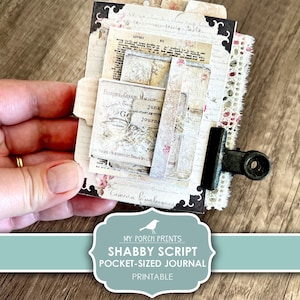 Shabby Script Pocket Sized Junk Journal Kit, No-Sew, Printable, Size, Mini Book, Shabby, Pink, Miniature, My Porch Prints, Digital Download