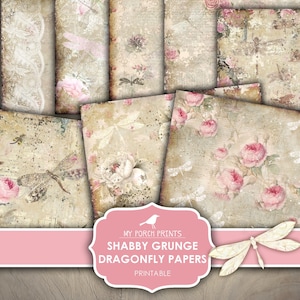 Junk Journal, Papers, Dragonfly, Shabby, Grunge, Floral, Dragonflies, Rose, Pink, Vintage, Printable, My Porch Prints, Digital Download