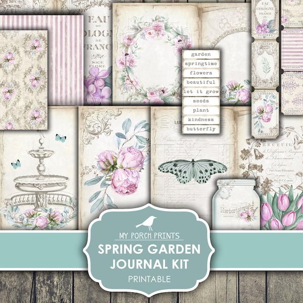 Junk Journal, Kit, Frühling, Garten, Pfingstrosen, Cottage, Lila, Blumen, Ostern, Muttertag, My Porch Prints, Digitaler Download, druckbar