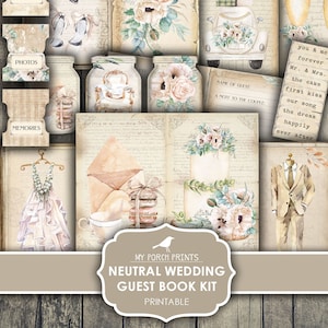 Junk Journal, Neutral, Wedding, Guest Book, Kit, Shabby, Boho, Vintage, Memory, Photo, Gift, My Porch Prints, Digital Download, Printable