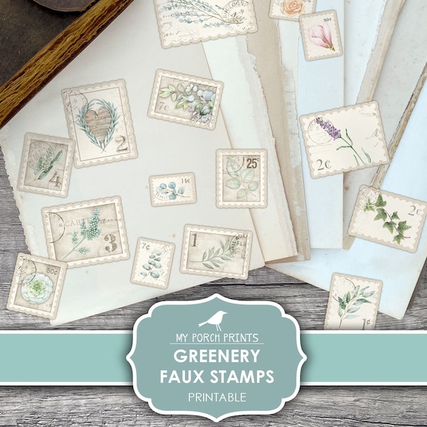 Greenery, Stamps, Faux, Junk Journal, Stickers, Fussy Cut, Nature, Plants, Flowers, Botanical, My Porch Prints, Printable, Digital Download