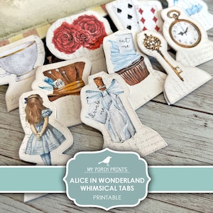 Alice in Wonderland, Tabs, Fussy Cut, Junk Journal, Whimsical, Tea Party, Cricut, Printable, My Porch Prints, Stickers, Digital Download