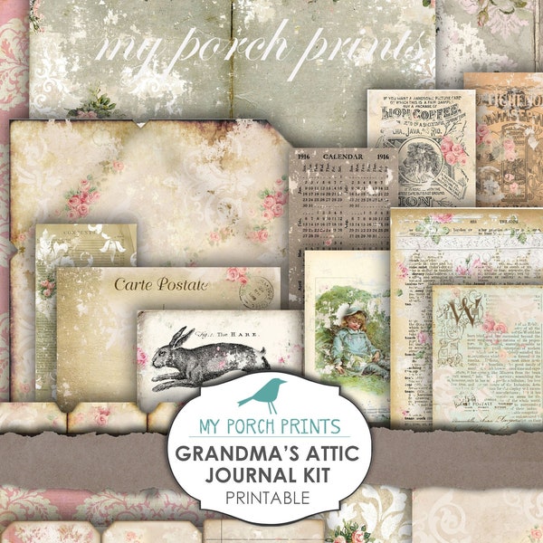 Grandma's Attic Junk Journal Kit Printable Paper Shabby Chic Digital Kit Ephemera Rose Junk Journal Printable MyPorchPrints Store Download