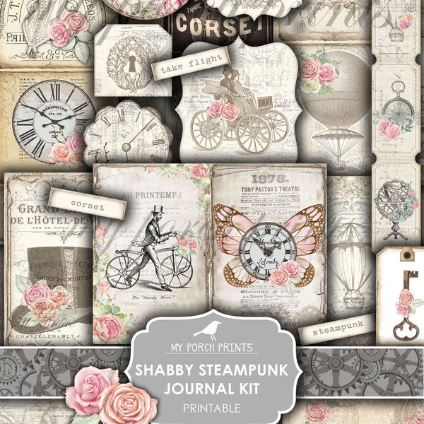 Junk Journal Kit, Shabby Steampunk, Victorian, Academia, Vintage, Pink, Feminine, Scrapbook, My Porch Prints, Printable, Digital Download