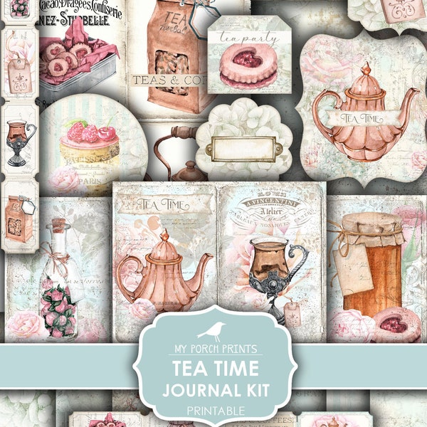 Junk Journal Kit, Tea Time, Tea Party, Vintage, Shabby Chic, Pink, Blue, Handmade, Gift Idea, My Porch Prints, Printable, Digital Download