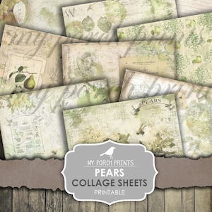 Junk Journal, Pear, Collage Sheets, Printable Paper, Green, Pears, Orchard, Summer, Digital Kit, Fruit, My Porch Prints, Vintage, Download