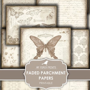 Junk Journal, Papers, Faded Parchment, Collage Sheets, Printable Paper, Neutral, Butterfly, Digital Kit, My Porch Prints, Vintage, Download