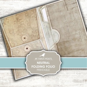 Junk Journal, Neutral Folding Folio, Vintage, Pocket Folder, Craft Kit, Ephemera, My Porch Prints, Insert, Digital Kit, Download, Printable
