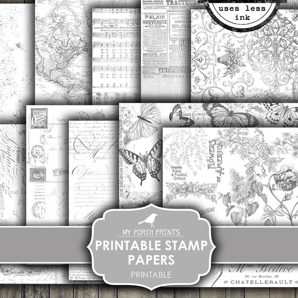 Printable Stamp Papers, Junk Journal, Vintage, Black and White, Ink Saver, Neutral, Grunge, Scrapbook, Digital, My Porch Prints, Download