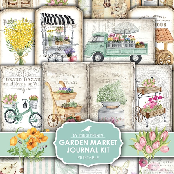 Junk Journal, Garden, Market, Summer, Green, Farmers, Flowers, Kit, Spring, Truck, Bicycle, My Porch Prints, Digital Download, Printable