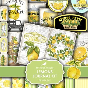 Zitronen Junk Journal Kit, gelb, Rezeptbuch, Obst, Sommer, grün, Garten, Omas Küche, meine Veranda Drucke, digitaler Download, printable