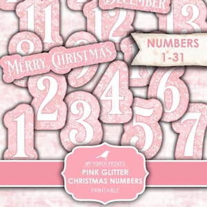 Junk Journal, Pink, Christmas, Advent, Numbers, Glitter, 1-31, Tags, December Daily, Countdown, My Porch Prints, Printable Stickers Download
